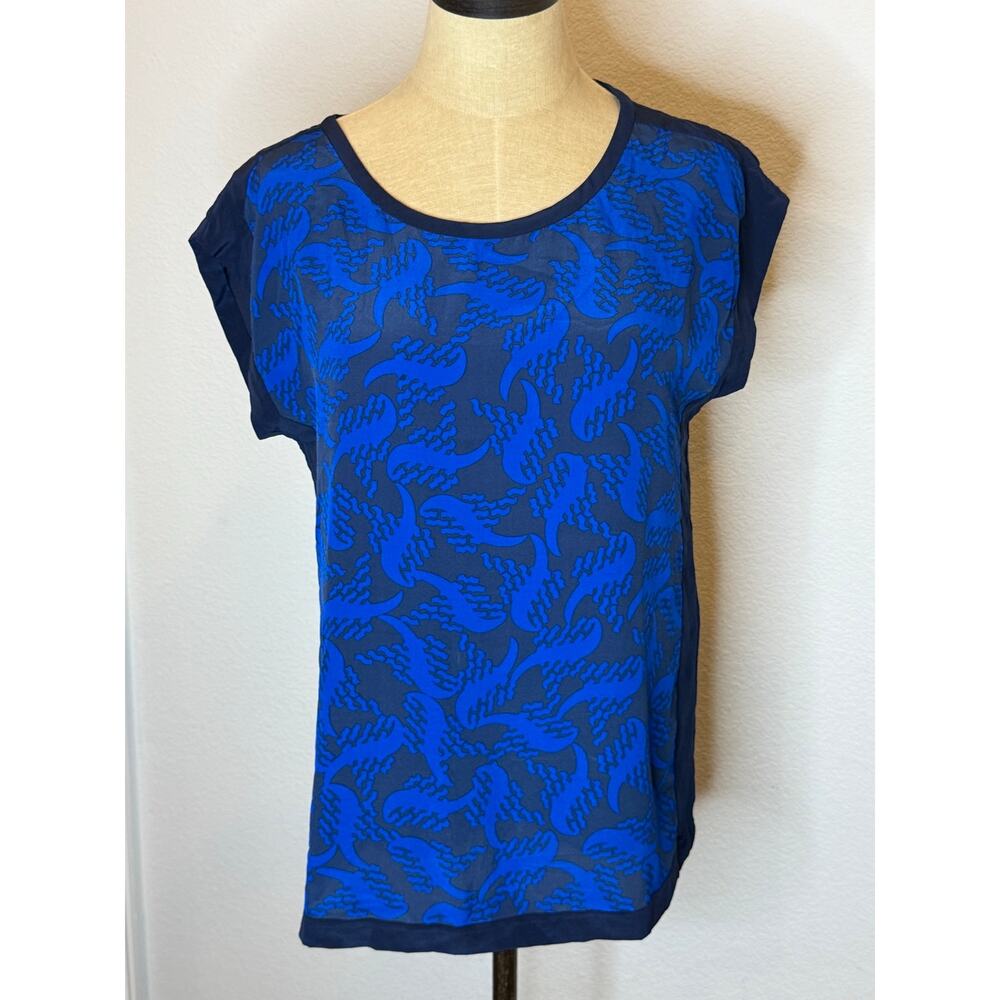 DVF Diane Von Furstenberg Blue Navy 100% Silk Cap Sleeve Top Shirt Women 6